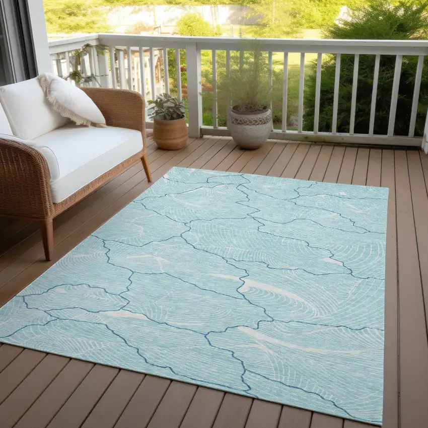 Aqua And Ivory Abstract Washable Indoor Outdoor Area Rug Photo 7