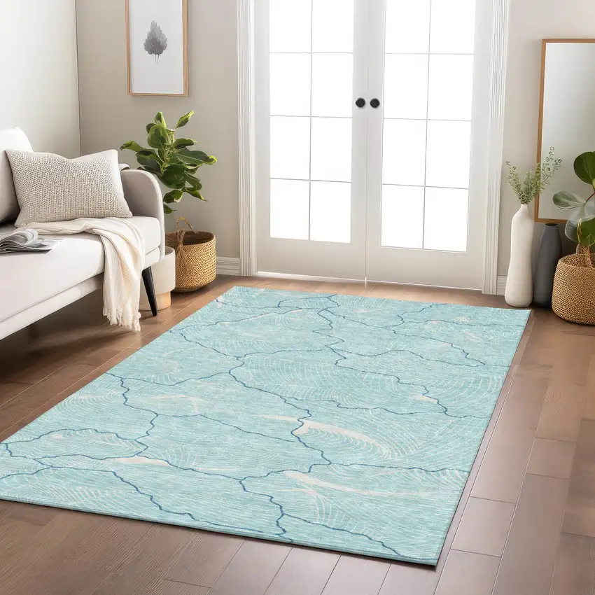 Aqua And Ivory Abstract Washable Indoor Outdoor Area Rug Photo 9