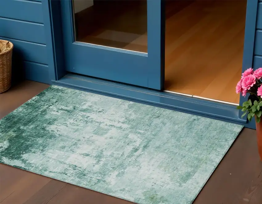 Aqua And Ivory Abstract Washable Indoor Outdoor Area Rug Photo 2