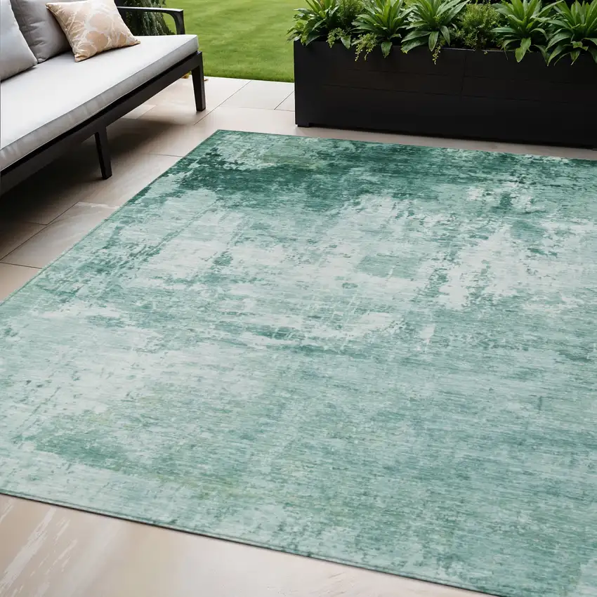 Aqua And Ivory Abstract Washable Indoor Outdoor Area Rug Photo 2