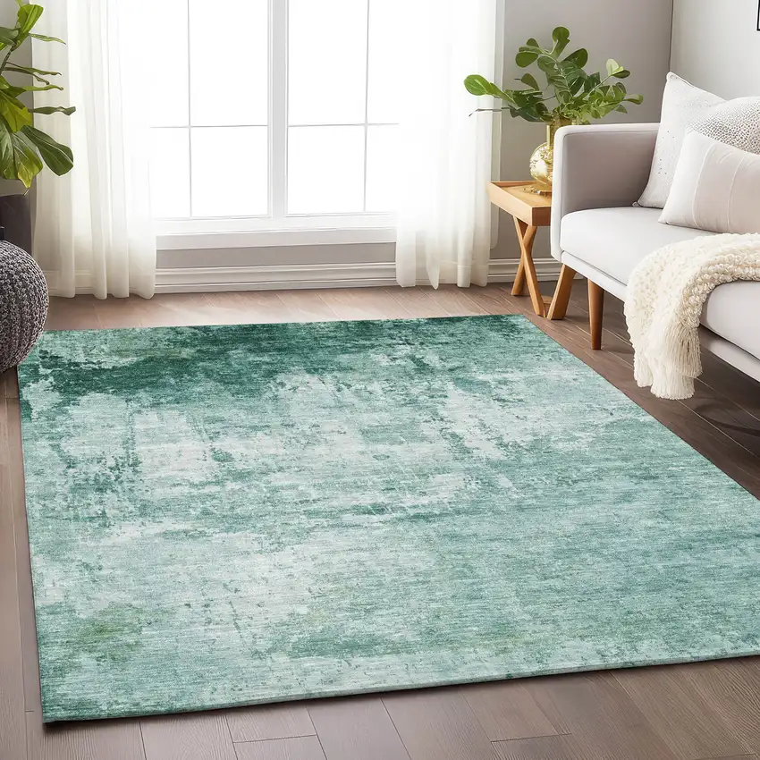 Aqua And Ivory Abstract Washable Indoor Outdoor Area Rug Photo 6