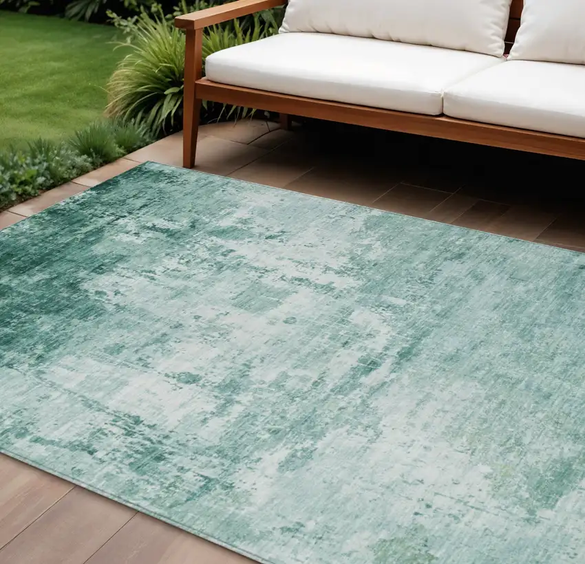 Aqua And Ivory Abstract Washable Indoor Outdoor Area Rug Photo 2