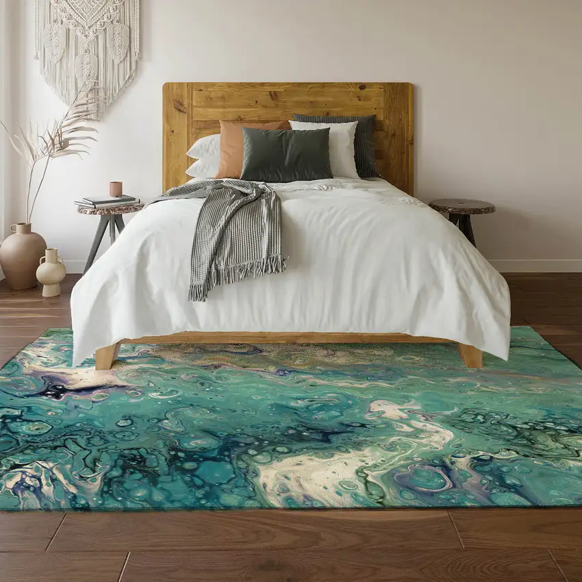 Aqua And Ivory Abstract Washable Indoor Outdoor Area Rug Photo 6