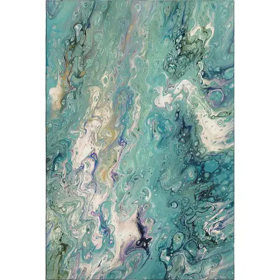 Aqua And Ivory Abstract Washable Indoor Outdoor Area Rug Photo 2