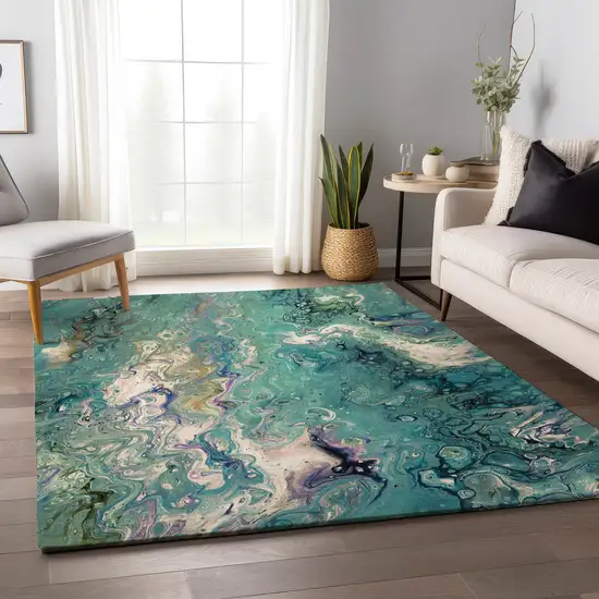 Aqua And Ivory Abstract Washable Indoor Outdoor Area Rug Photo 8