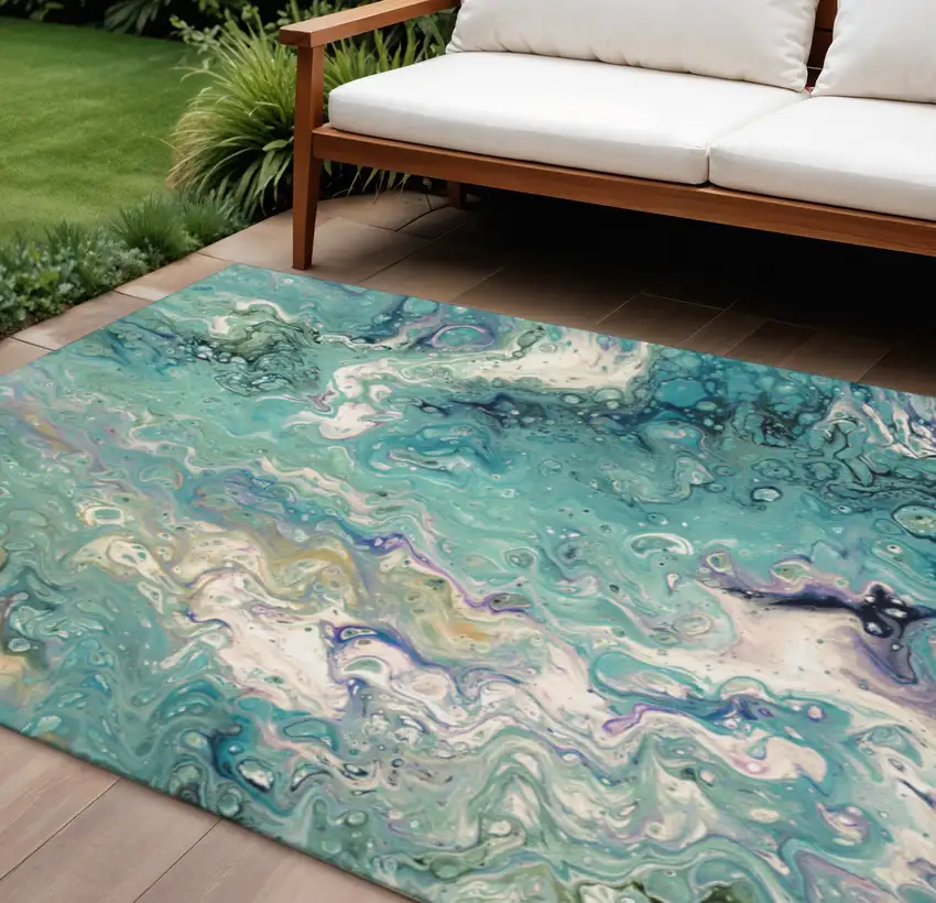 Aqua And Ivory Abstract Washable Indoor Outdoor Area Rug Photo 1