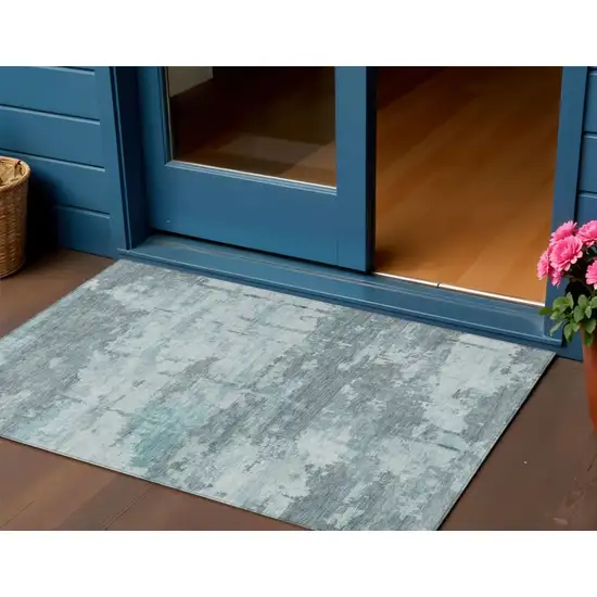 Aqua And Ivory Abstract Washable Indoor Outdoor Area Rug Photo 1