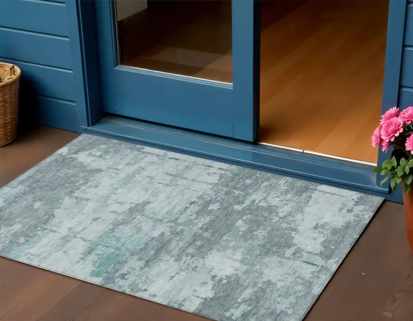 Aqua And Ivory Abstract Washable Indoor Outdoor Area Rug Photo 1