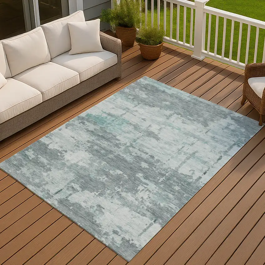Aqua And Ivory Abstract Washable Indoor Outdoor Area Rug Photo 4
