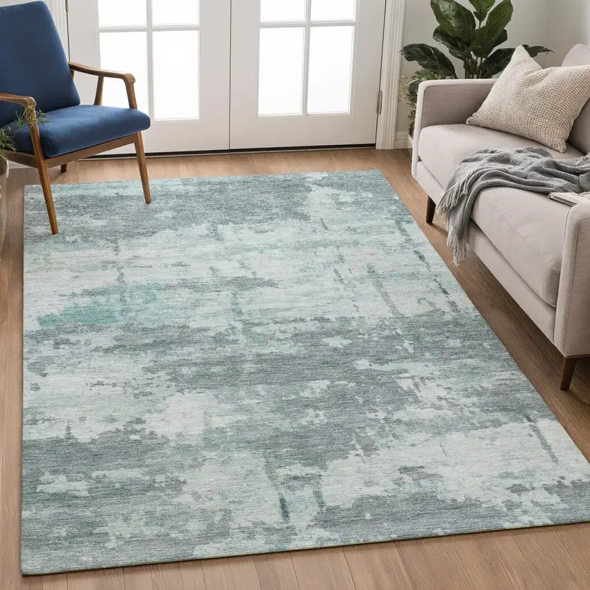 Aqua And Ivory Abstract Washable Indoor Outdoor Area Rug Photo 5