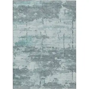 Photo of Aqua And Ivory Abstract Washable Indoor Outdoor Area Rug