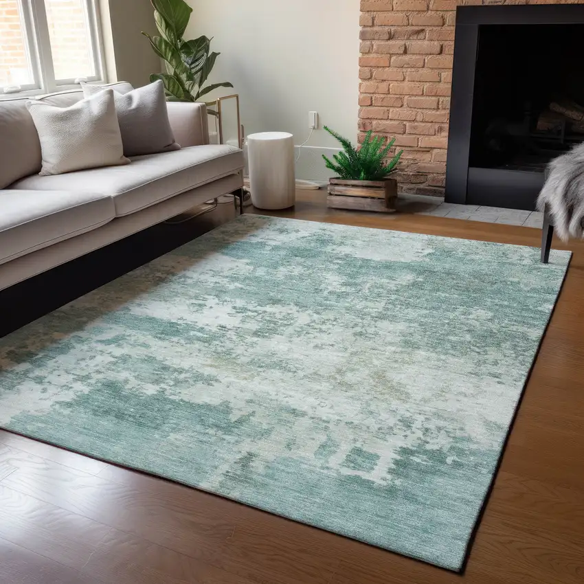 Aqua And Ivory Abstract Washable Indoor Outdoor Area Rug Photo 5