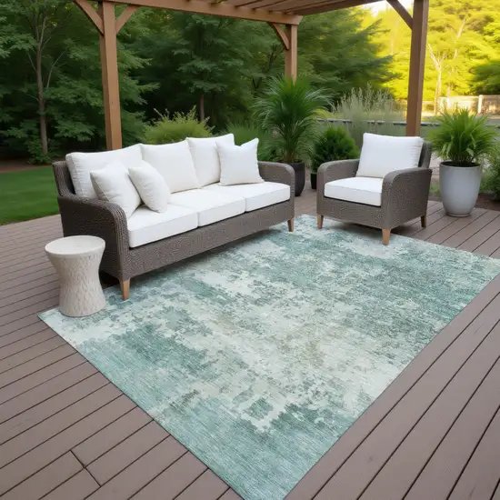 Aqua And Ivory Abstract Washable Indoor Outdoor Area Rug Photo 6