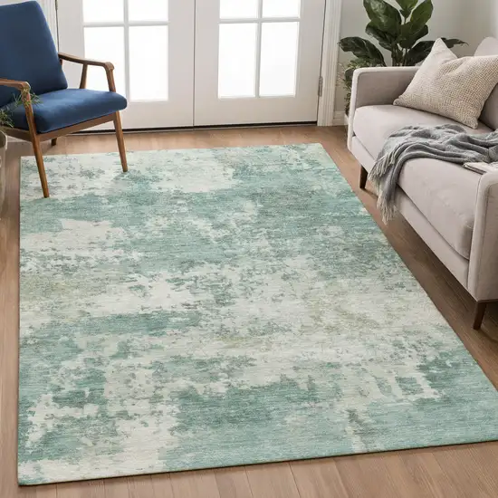 Aqua And Ivory Abstract Washable Indoor Outdoor Area Rug Photo 3
