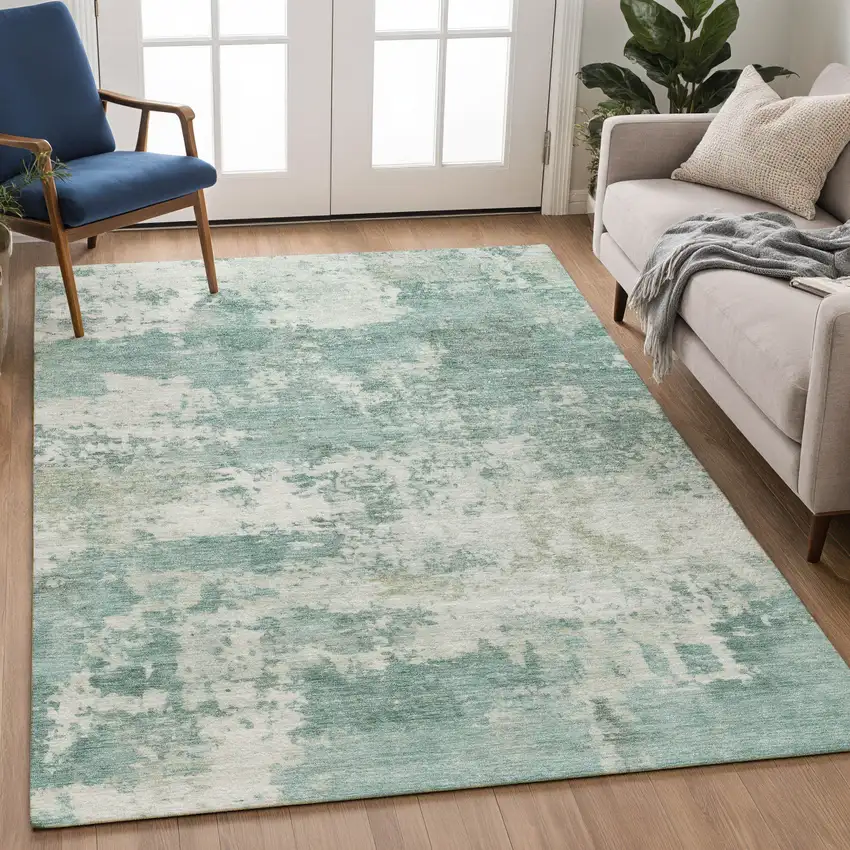 Aqua And Ivory Abstract Washable Indoor Outdoor Area Rug Photo 3