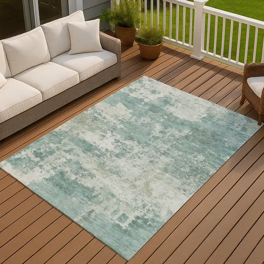 Aqua And Ivory Abstract Washable Indoor Outdoor Area Rug Photo 3