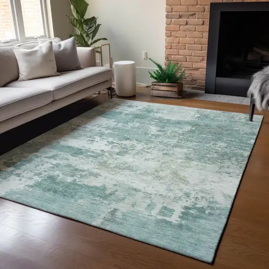 Aqua And Ivory Abstract Washable Indoor Outdoor Area Rug Photo 4