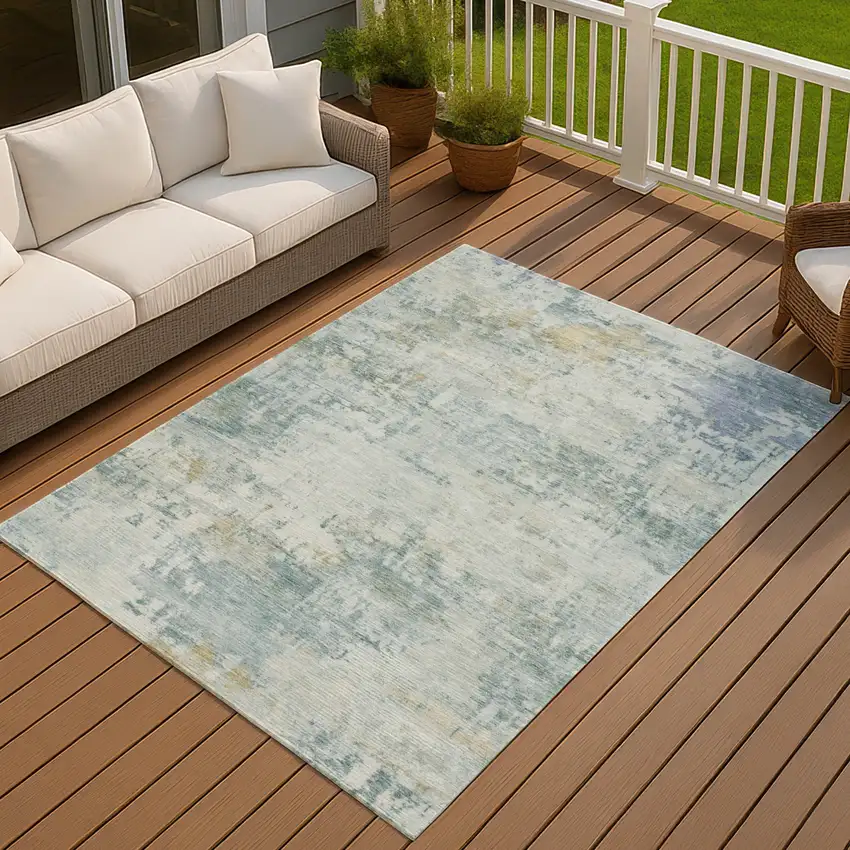 Aqua And Ivory Abstract Washable Indoor Outdoor Area Rug Photo 2