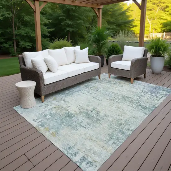 Aqua And Ivory Abstract Washable Indoor Outdoor Area Rug Photo 5