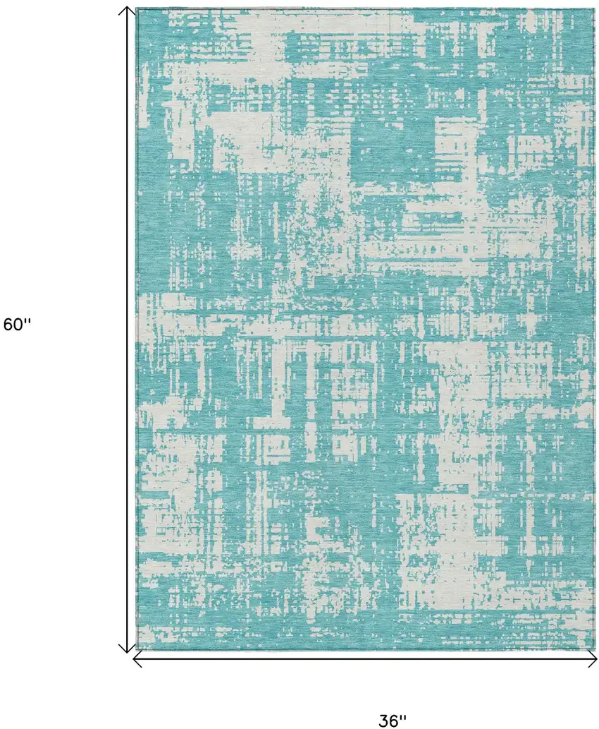 Aqua And Ivory Abstract Washable Indoor Outdoor Area Rug Photo 3