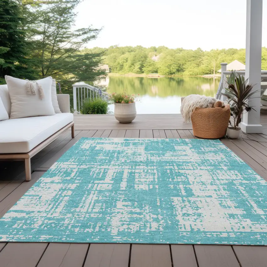 Aqua And Ivory Abstract Washable Indoor Outdoor Area Rug Photo 8