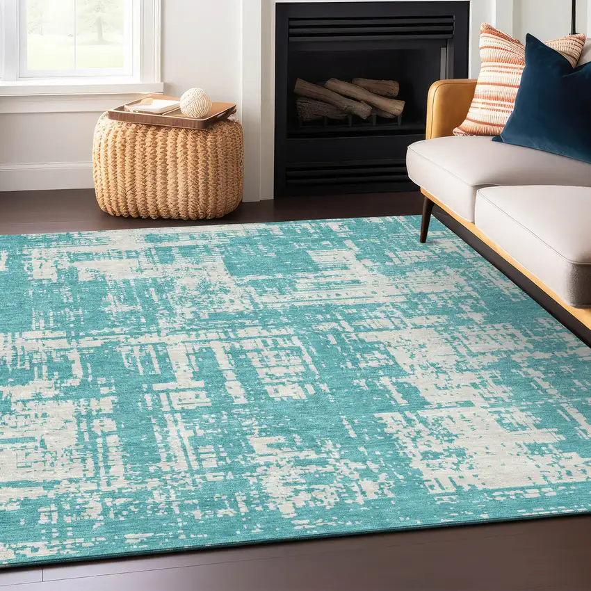 Aqua And Ivory Abstract Washable Indoor Outdoor Area Rug Photo 7