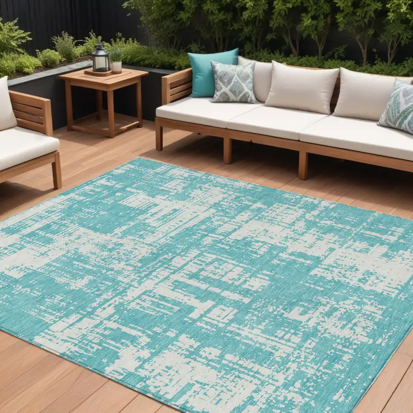 Aqua And Ivory Abstract Washable Indoor Outdoor Area Rug Photo 1