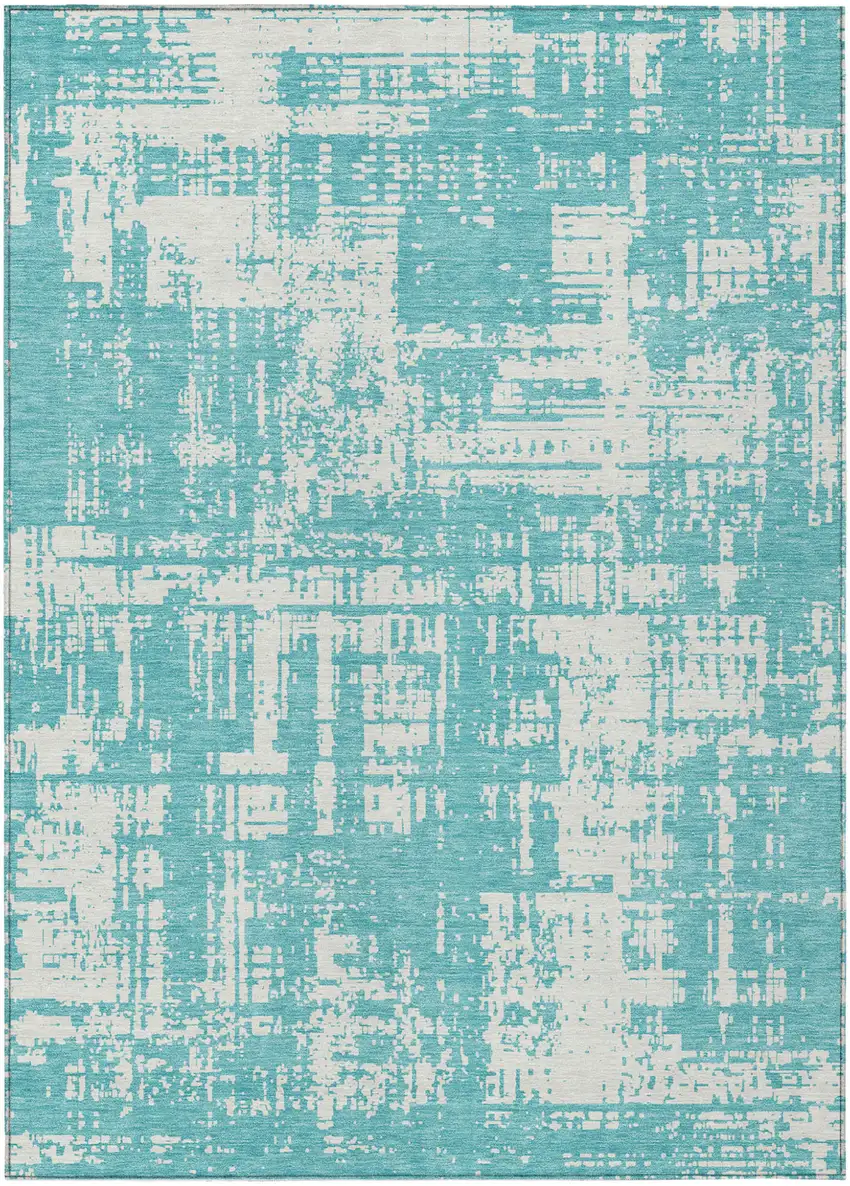 Aqua And Ivory Abstract Washable Indoor Outdoor Area Rug Photo 2