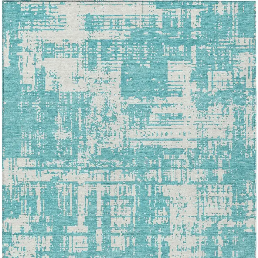 Aqua And Ivory Abstract Washable Indoor Outdoor Area Rug Photo 6