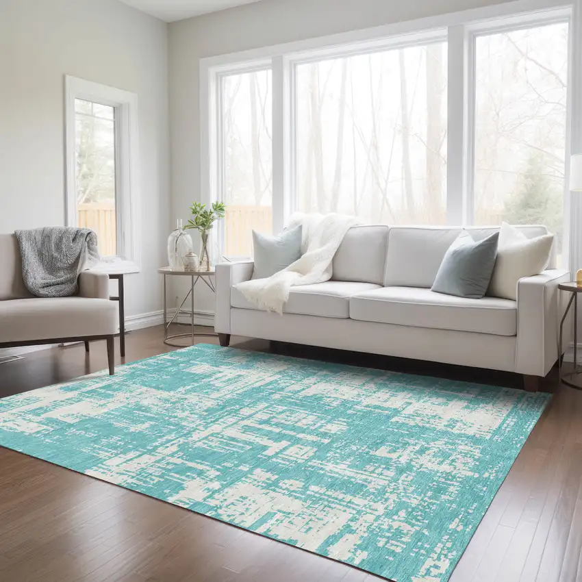 Aqua And Ivory Abstract Washable Indoor Outdoor Area Rug Photo 9