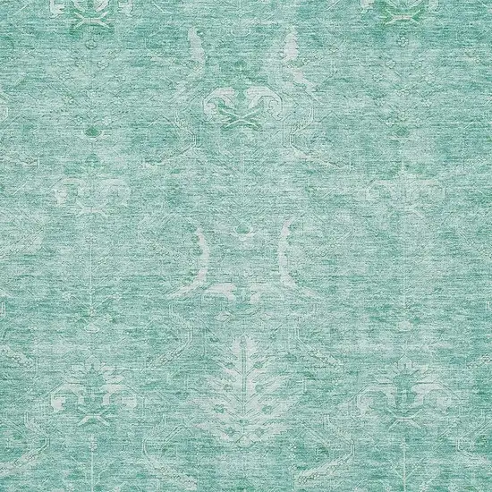 Aqua And Ivory Damask Washable Area Rug With UV Protection Photo 2