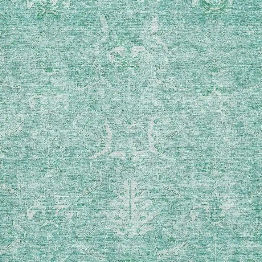 Aqua And Ivory Damask Washable Area Rug With UV Protection Photo 2