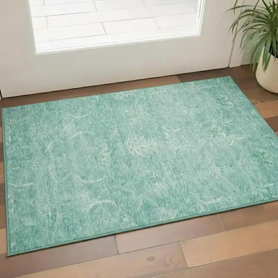 Aqua And Ivory Damask Washable Area Rug With UV Protection Photo 2