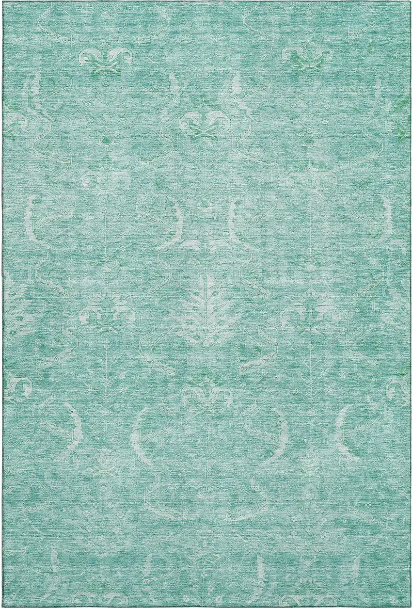 Aqua And Ivory Damask Washable Area Rug With UV Protection Photo 1