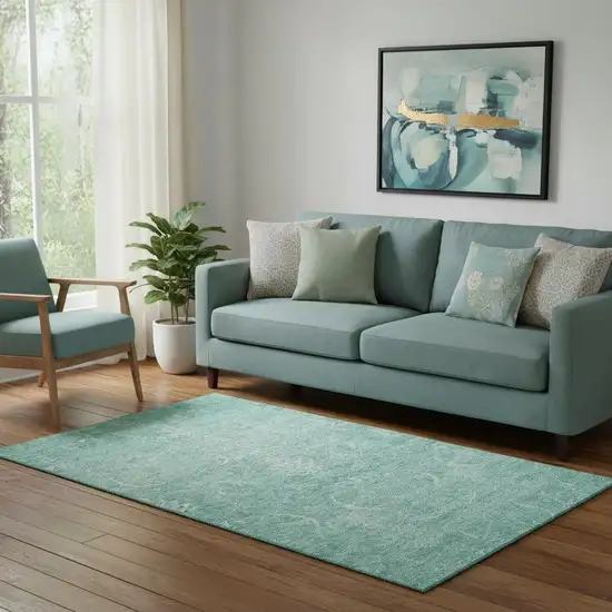 Aqua And Ivory Damask Washable Area Rug With UV Protection Photo 2