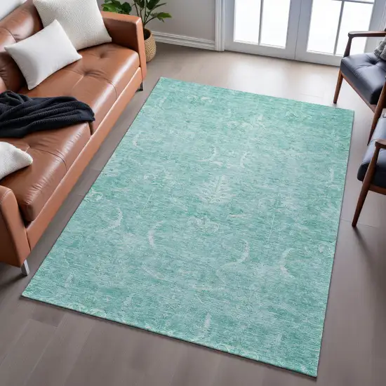 Aqua And Ivory Damask Washable Area Rug With UV Protection Photo 5