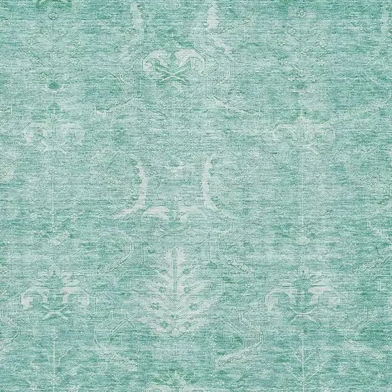 Aqua And Ivory Damask Washable Area Rug With UV Protection Photo 2