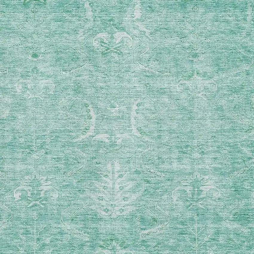 Aqua And Ivory Damask Washable Area Rug With UV Protection Photo 2