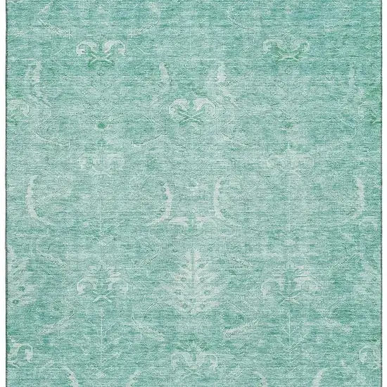 Aqua And Ivory Damask Washable Area Rug With UV Protection Photo 3