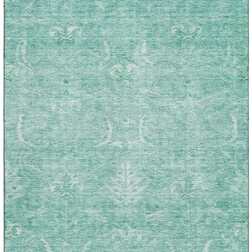 Aqua And Ivory Damask Washable Area Rug With UV Protection Photo 3