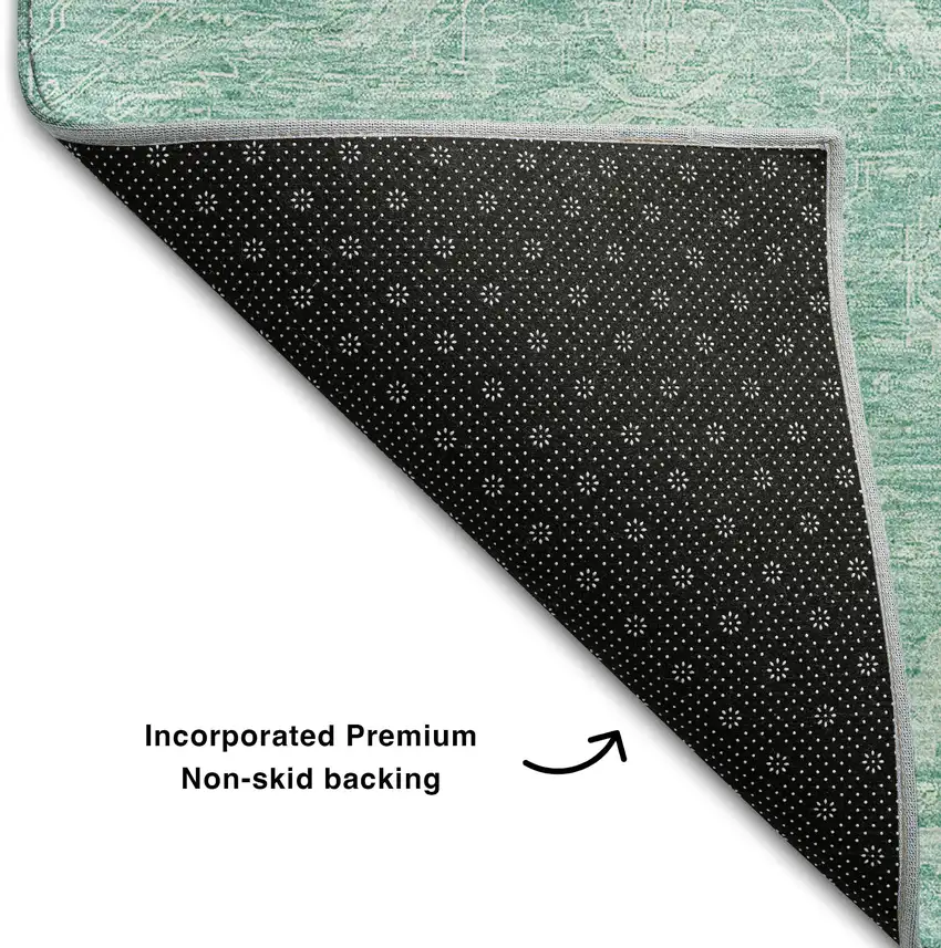 Aqua And Ivory Damask Washable Area Rug With UV Protection Photo 6