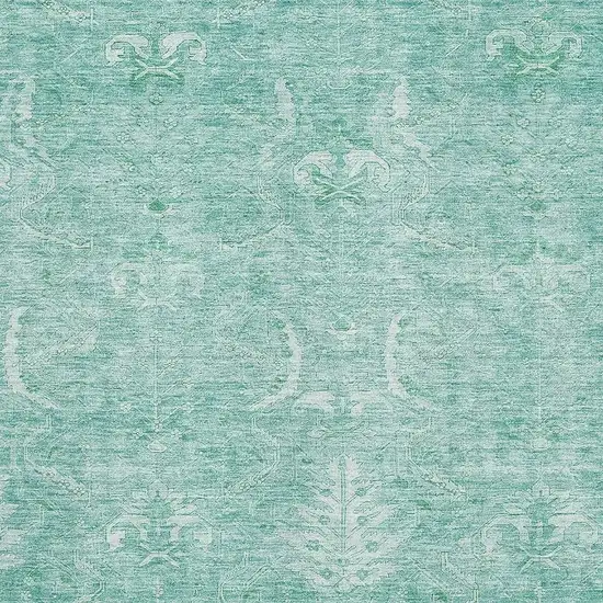 Aqua And Ivory Damask Washable Area Rug With UV Protection Photo 2