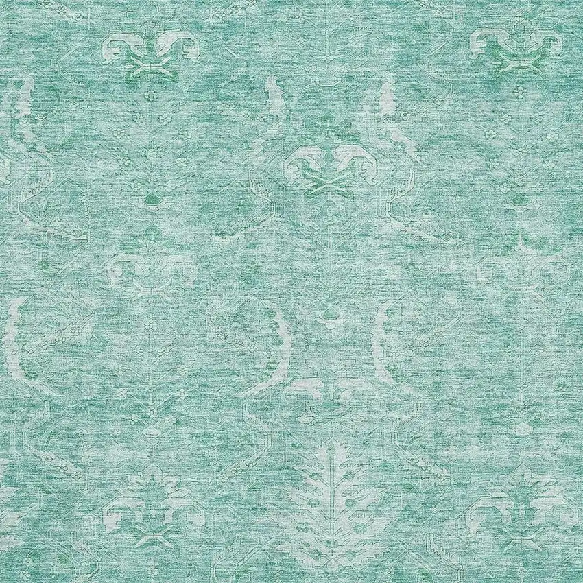 Aqua And Ivory Damask Washable Area Rug With UV Protection Photo 2