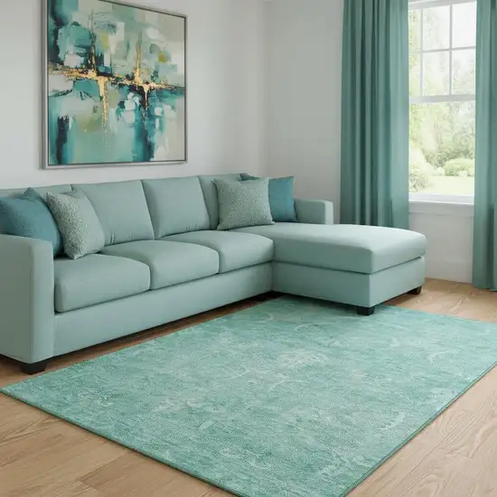 Aqua And Ivory Damask Washable Area Rug With UV Protection Photo 2