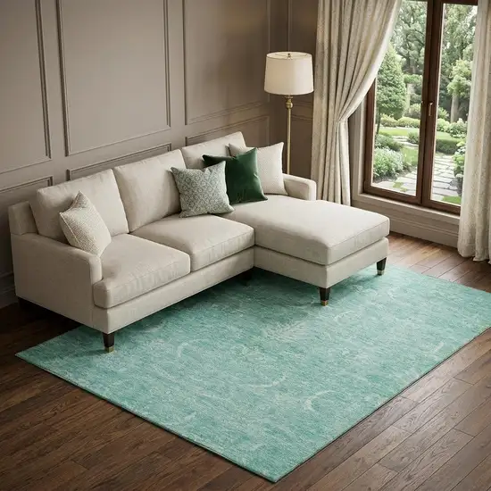 Aqua And Ivory Damask Washable Area Rug With UV Protection Photo 1