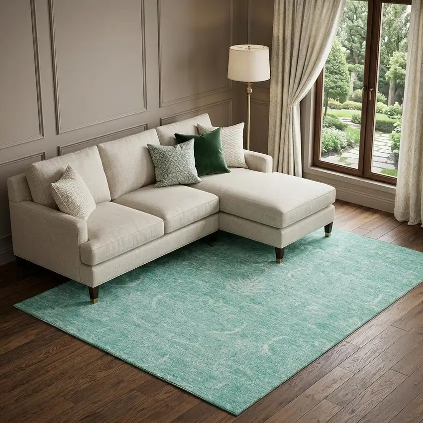 Aqua And Ivory Damask Washable Area Rug With UV Protection Photo 1