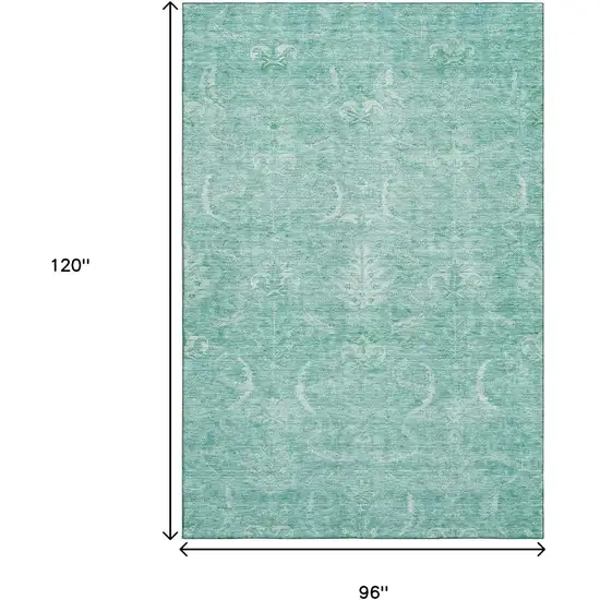 Aqua And Ivory Damask Washable Area Rug With UV Protection Photo 8