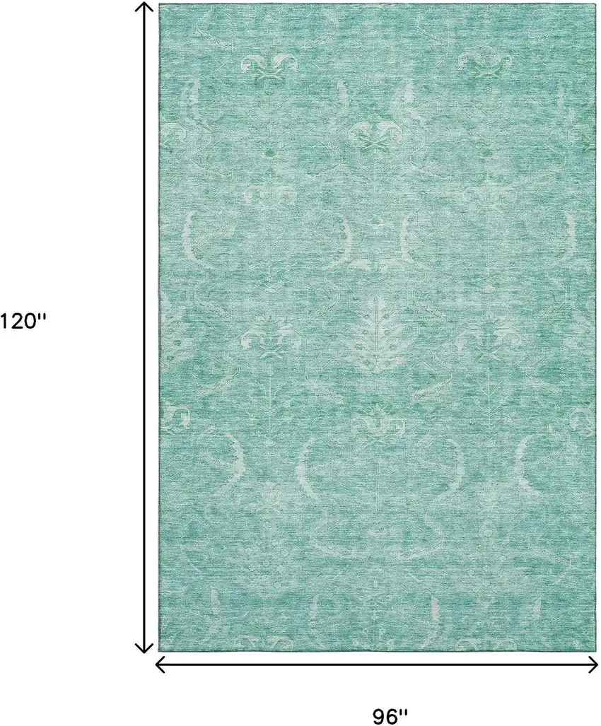 Aqua And Ivory Damask Washable Area Rug With UV Protection Photo 8