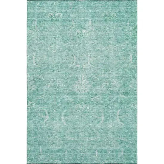 Aqua And Ivory Damask Washable Area Rug With UV Protection Photo 1