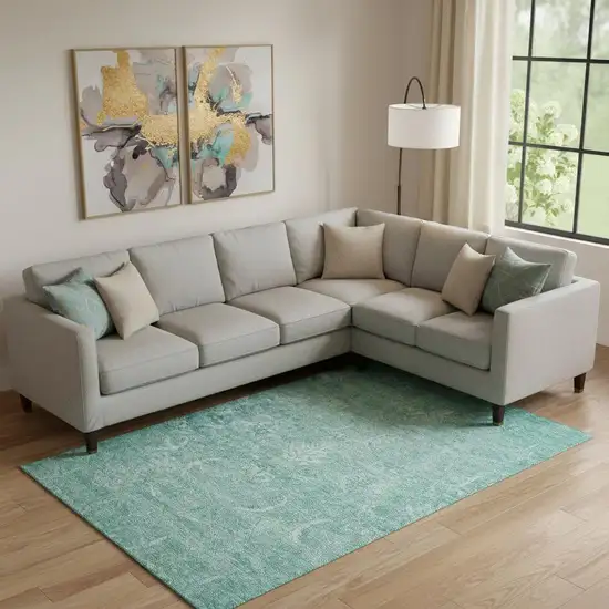 Aqua And Ivory Damask Washable Area Rug With UV Protection Photo 2